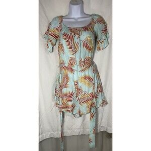 Boho Tropical Palm Leaf Romper   Mint & Coral   Size S (Estimated)